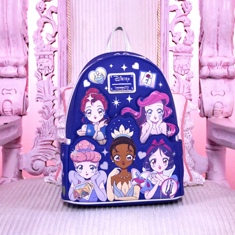 Loungefly Disney Princess Manga Style Mini Backpack featuring manga-style artwork of Belle, Ariel, Cinderella, Tiana, and Snow White surrounded by symbols from their movies, sitting on an ornate pink chair. 